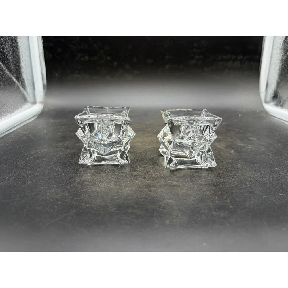 Vintage Geometric Clear Glass Star Candle Holders Set of 2 Taper Votive Pair
